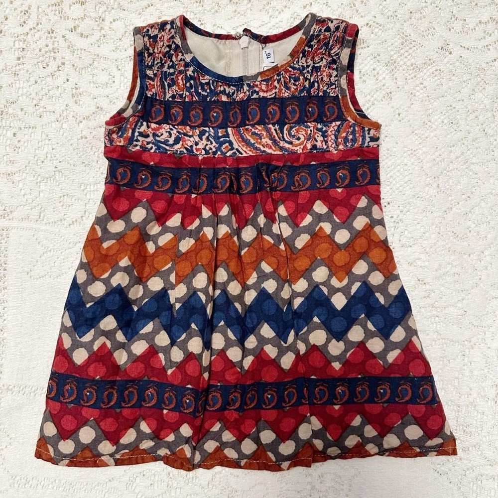 Vintage Baby Girl’s Paisley Blue Red Orange Gray  & Cream Boho Dress